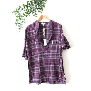 NEW Gilded Intent Buckle Purple Plaid Short Sleeve Tunic Top S Small